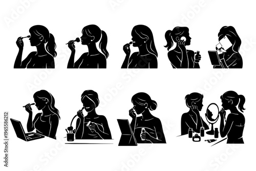 Silhouette of females applying makeup and grooming in various poses.
