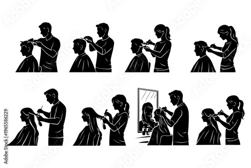 Silhouette of hairdressers styling men and women in various hairstyles.