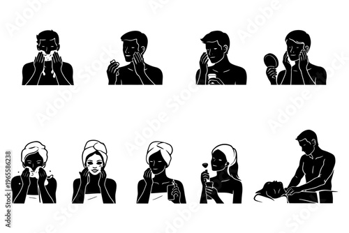 Men and women practicing daily skincare routines set.