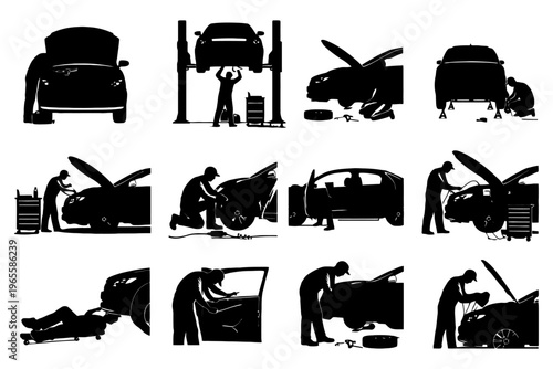 Silhouettes of mechanics performing various car maintenance tasks.