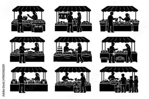 Silhouettes of market stalls with diverse interactions.