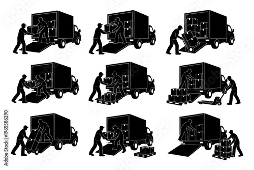 Silhouette illustrations of workers loading and unloading delivery trucks.