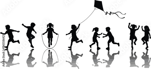 Silhouette of Children Playing with a Kite and Jump Rope, Joyful Kids in Action