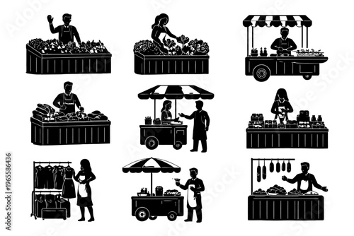 Farmers market silhouettes featuring vendors and buyers in various stalls.