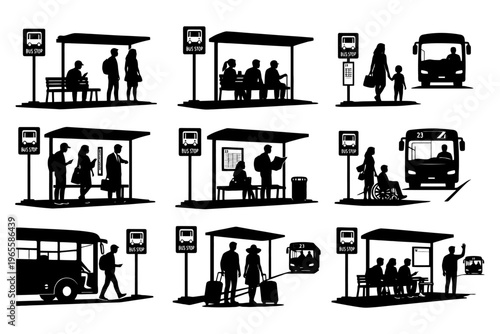 Silhouettes at bus stops: diverse passengers in transit scenes.