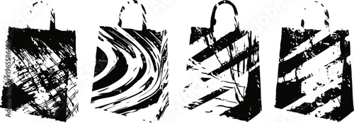 Four black and white grunge tote bags with abstract patterns hanging in a row