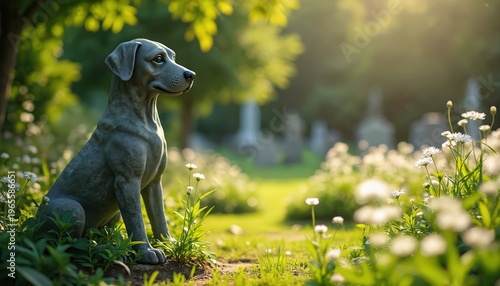 Dog statue sits in pet cemetery garden, surrounded by green grass and white flowers. Soft sunlight illuminates tranquil resting place, memorial for beloved animal companion.