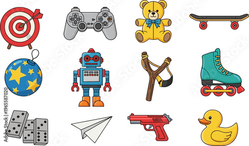 Cartoon toy icon set with target, game controller, robot, skateboard and duck, colorful vector illustration collection for kids design