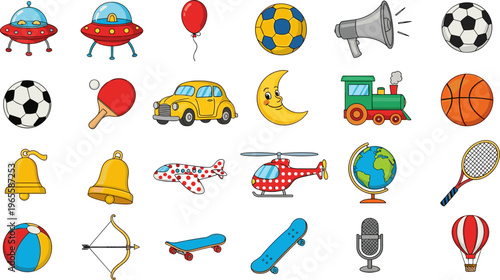 Colorful cartoon icon collection with toys, sports items, vehicles, and objects, playful vector illustration set for kids education design