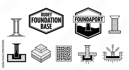 Black and White Line Art Icons of Concrete Foundation and Construction Elements