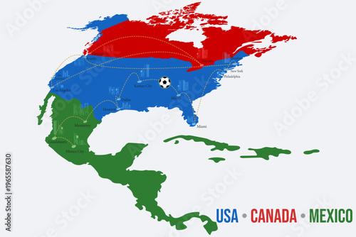 North America map with USA Canada Mexico in flag colors and soccer ball, football tournament concept.
