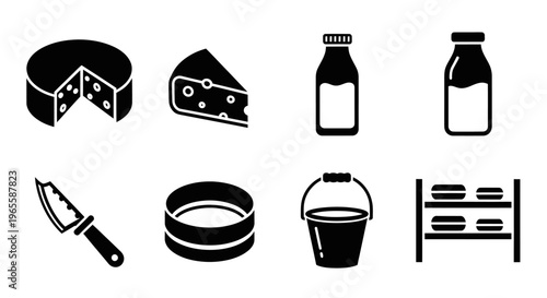 Food dairy icons: cheese, milk bottles, bucket, knife, rack, glyphs