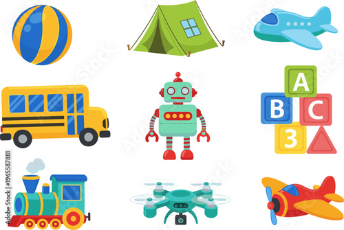 Colorful kids toy icon set with bus, robot, airplane, drone and blocks, cute cartoon vector illustration collection for children