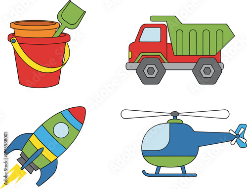 Colorful kids toys illustration set with bucket, truck, rocket, and helicopter, playful cartoon vector icons for children learning design