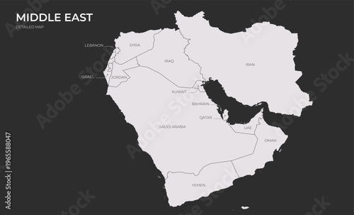 Detailed map of the Middle East highlighting various countries.