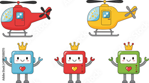 Cute cartoon robot and helicopter set with colorful variations, playful kids toy characters, vector illustration collection for children design
