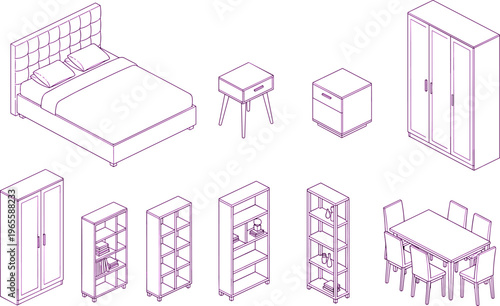Isometric furniture set bedroom and living room collection bed wardrobe shelves table chairs modern interior vector line illustration