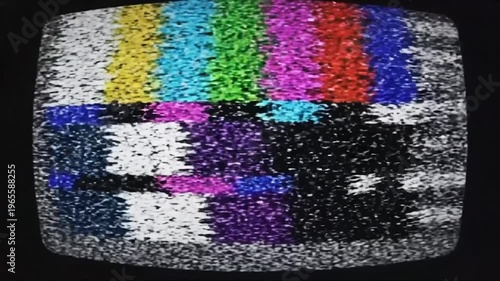 A vintage television screen displays colorful test pattern bars and static noise, evoking a sense of retro technology and signal disruption