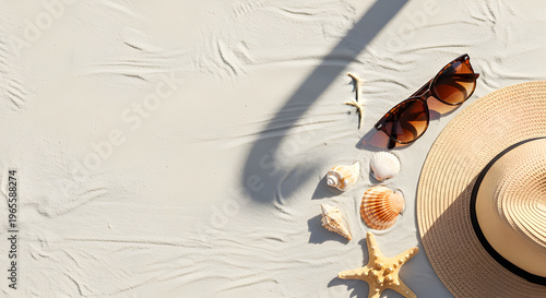 Summer Beach Flat Lay with Straw Hat, Sunglasses and Seashells on White Sand