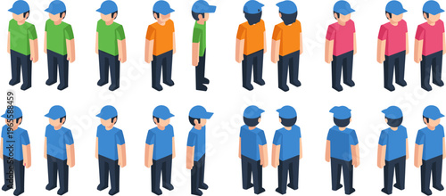 Isometric male character set with different poses and colors, casual worker avatars collection, flat vector illustration for design projects