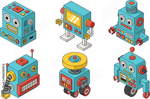 Isometric retro robot collection with colorful mechanical characters, cute futuristic machines, playful 3D vector illustration set for technology design