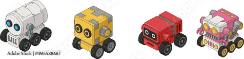Isometric toy robots on wheels colorful futuristic cartoon machines vector illustration set for kids technology concept design collection