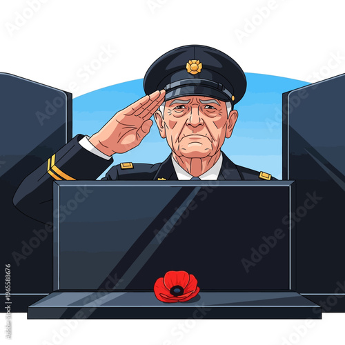 Illustration of an elderly man in a military uniform saluting respectfully at a memorial with a poppy on it.