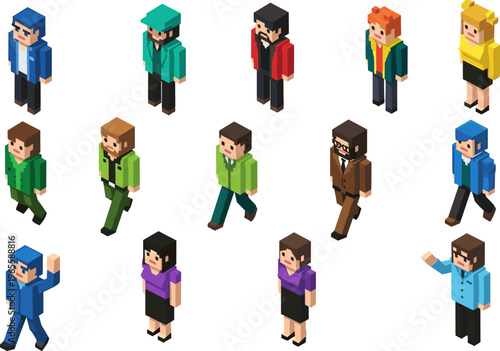 Isometric voxel people characters collection with different poses and outfits, business and casual avatars, 3D vector illustration set design