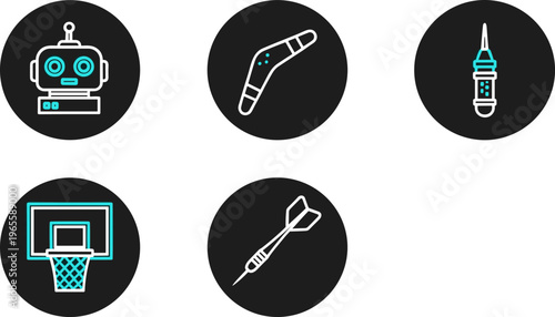 Minimal line icons set robot boomerang soldering iron basketball dart symbols modern neon style vector illustration collection design