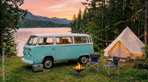 An old vintage red van travels down an isolated road for a retro camping trip in the middle of a mountainous forest