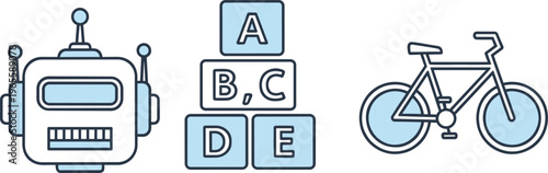 Outline icon set with robot, alphabet blocks and bicycle, minimal flat vector illustration collection for education and technology design
