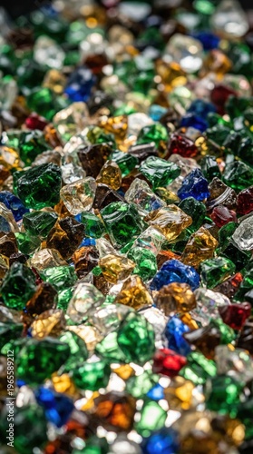 Vibrant pieces of glass adorn the surface, reflecting sunlight in various colors. The bunch creates a mesmerizing scene of rich reds, greens, blues, and golds that intrigue the eye.