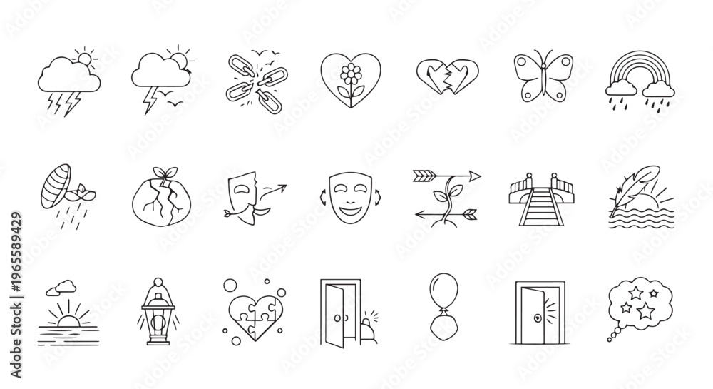 Fototapeta premium Mental Health and Emotional Wellness Line Icon Set - Psychology Icons
