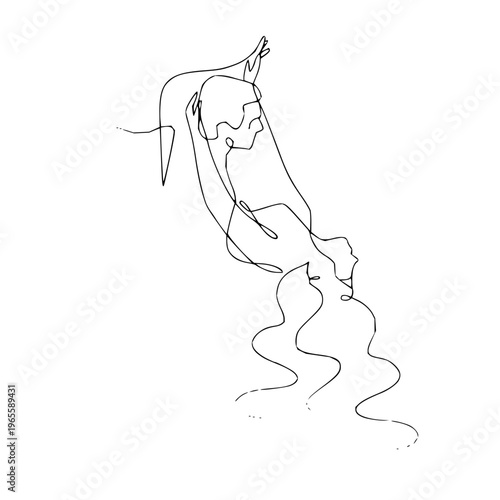 Minimalist continuous line drawing of a couple in an embrace, conveying romance and connection
