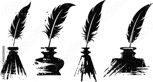 Vintage quill pens with ink bottles in black ink classic writing tools, calligraphy set illustration