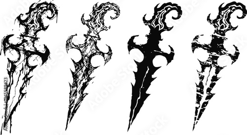 set of four ornamental medieval dagger silhouettes with intricate curved blade designs