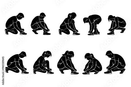 Silhouette figures tying shoelaces: male and female, various poses.