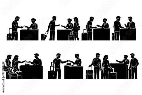 Silhouette figures engaging in luggage transactions at counters.