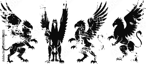 grunge black silhouette mythical griffins in various fierce battle poses