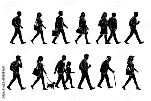 Silhouette of diverse people walking in various directions with accessories.