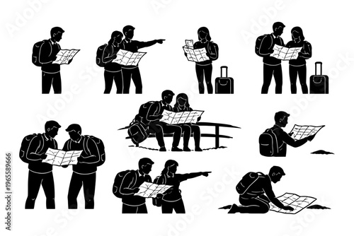 Silhouette travelers with maps hiking and exploring outdoors.