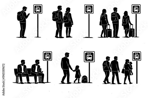 Silhouette of people waiting and sitting at bus stop.