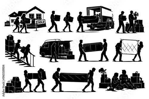 Silhouette of people moving house with furniture and boxes.