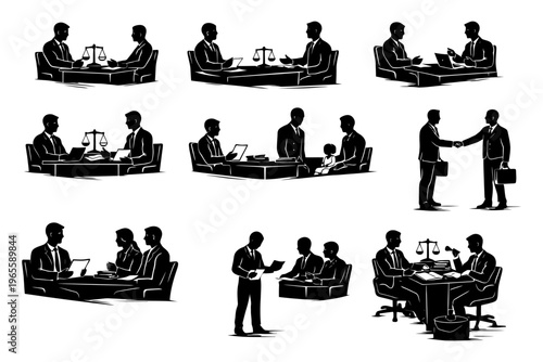 Silhouette scenes of business meetings and legal consultations.