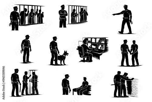 Black and white silhouettes of security activities in correctional facility.