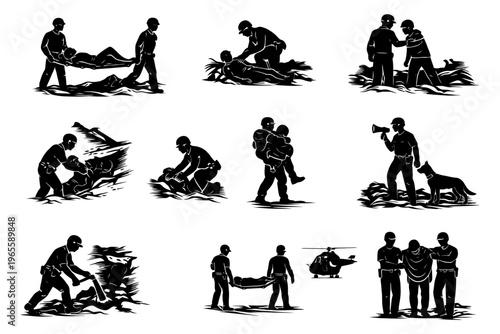 Rescue operation illustrations: emergency responders and helicopter.