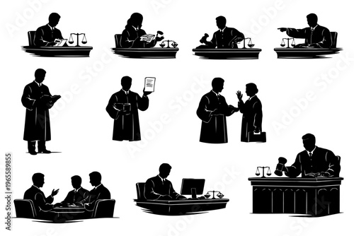 Silhouette illustrations of legal professionals in various courtroom scenes.