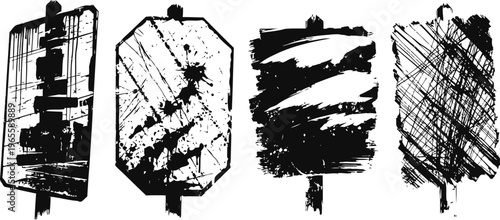 grunge wooden signboards in black and white silhouette isolated on white background