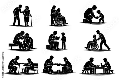 Silhouettes of care and support: varied age interactions in nine scenes.