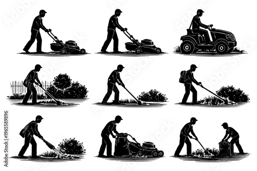 Silhouette illustration of diverse garden maintenance activities by males.